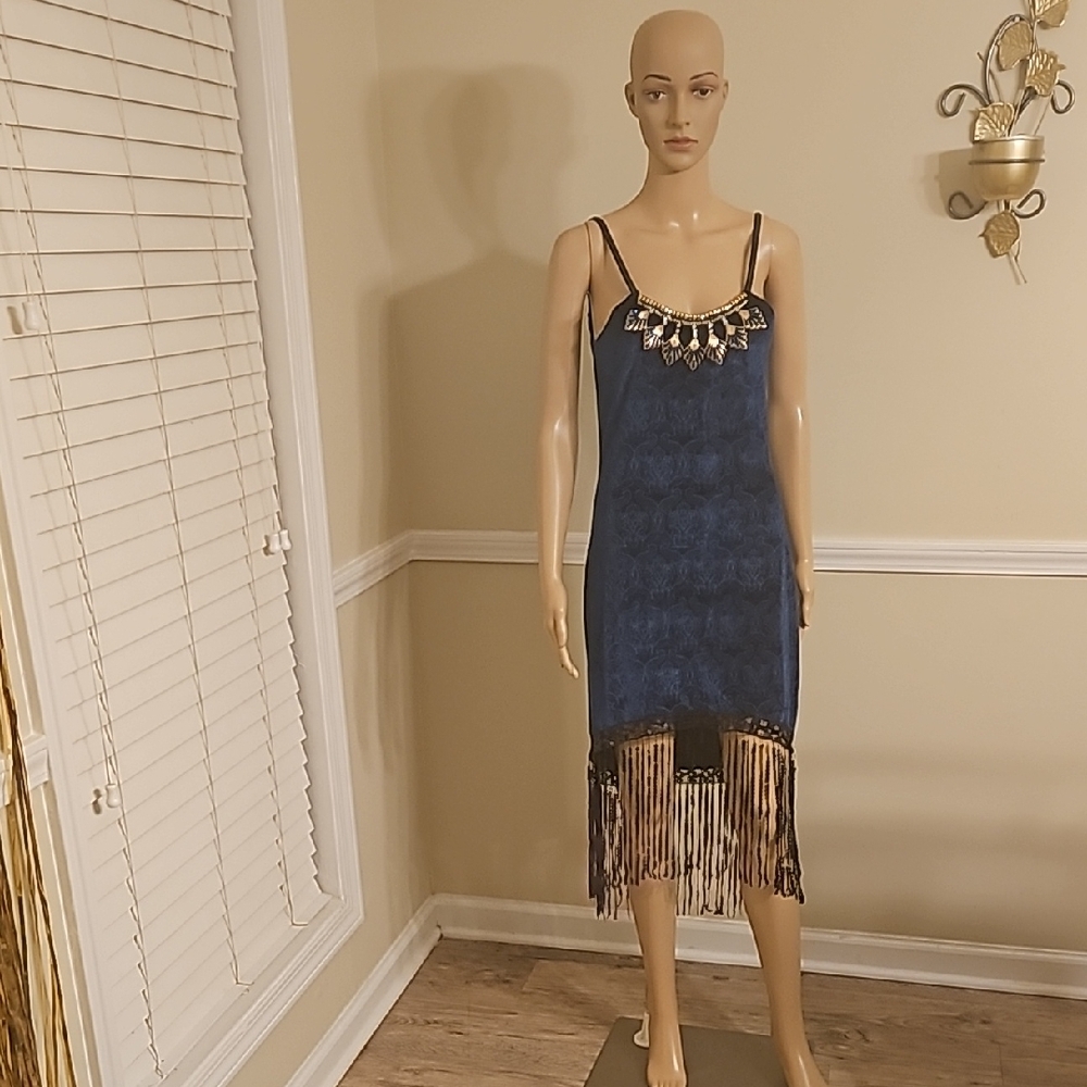 Chic Blue And Black Fringed Flapper Dress